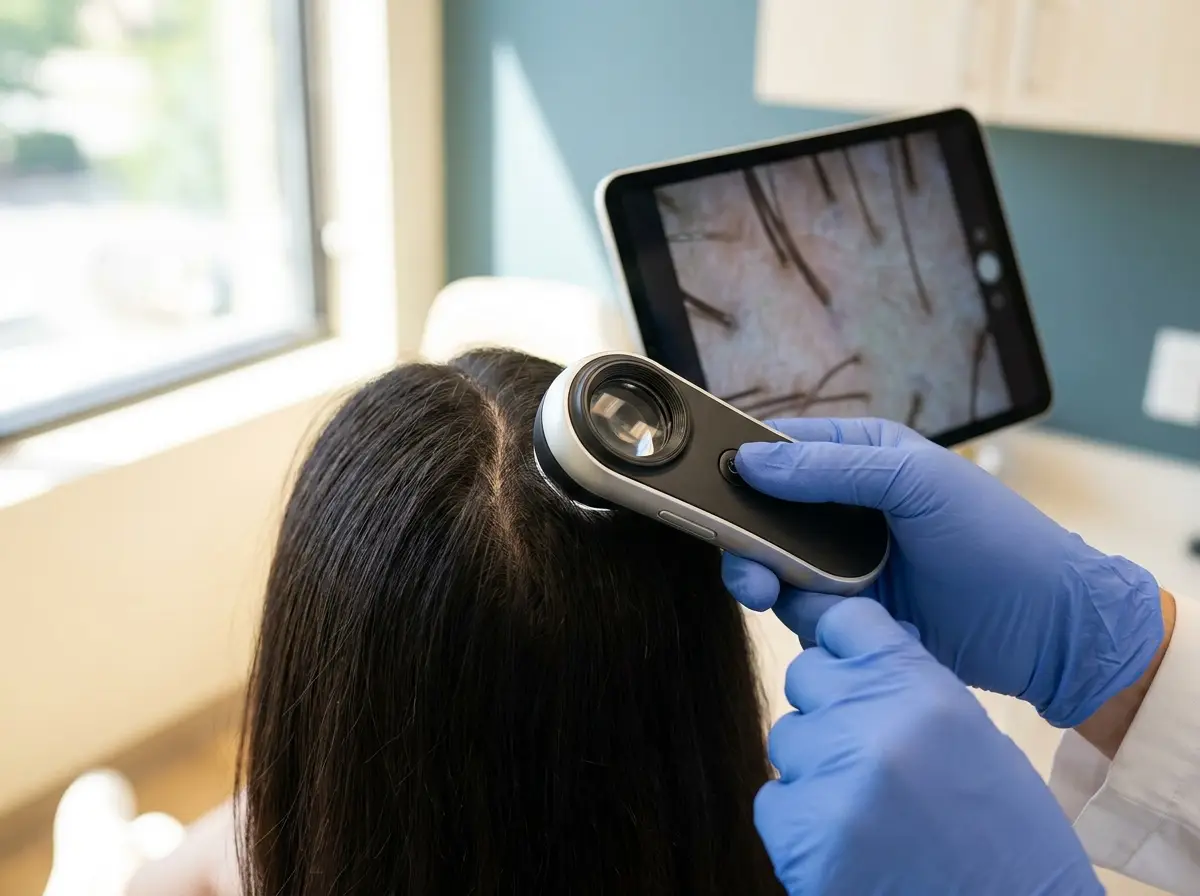 Digital trichoscopy scalp analysis with a handheld dermatoscope at Hair By Dash Dubai