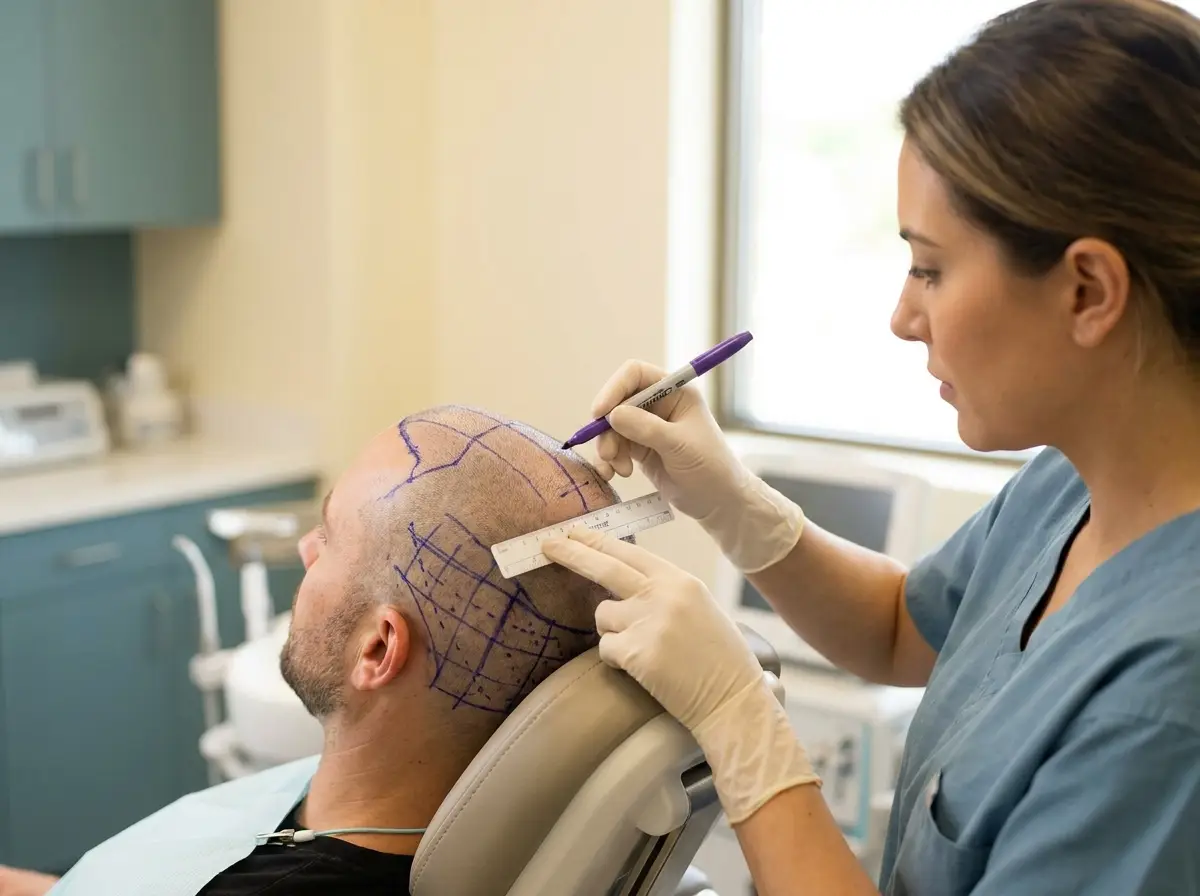 Hair transplant donor-zone and hairline planning marked on a patient's scalp