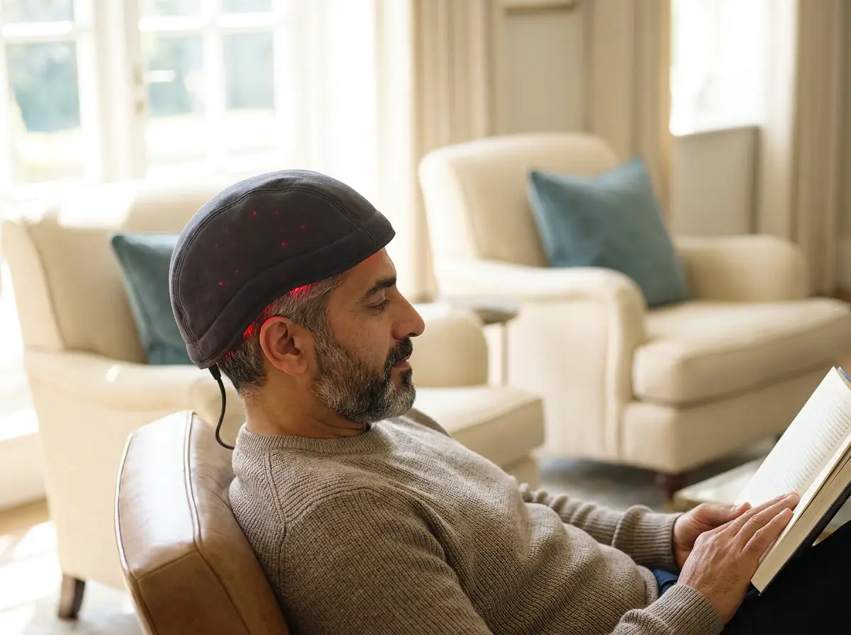 Patient using a premium at-home low-level laser therapy cap as part of a maintenance protocol